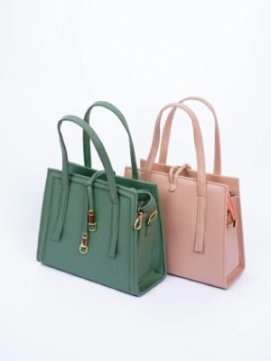 Modern fashion tote bags in green and pink leather, perfect for stylish accessories.